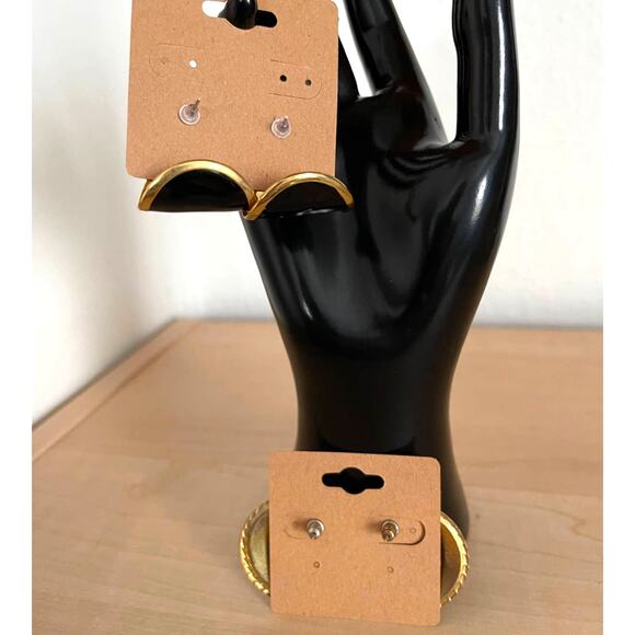 Gold Black Vintage Resin Acrylic Pour Earring Set Lot of 2 Triangle Circle Stud - Picture 6 of 6